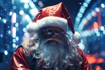 A man dressed in a Santa Claus outfit, wearing sunglasses. This image can be used for holiday promotions, Christmas parties, or as a fun and modern twist on the traditional Santa Claus character.