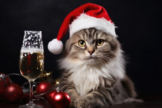 A cute cat wearing a Santa hat is seen next to a glass of wine. This image can be used to represent holiday celebrations or as a festive decoration for Christmas-themed projects.