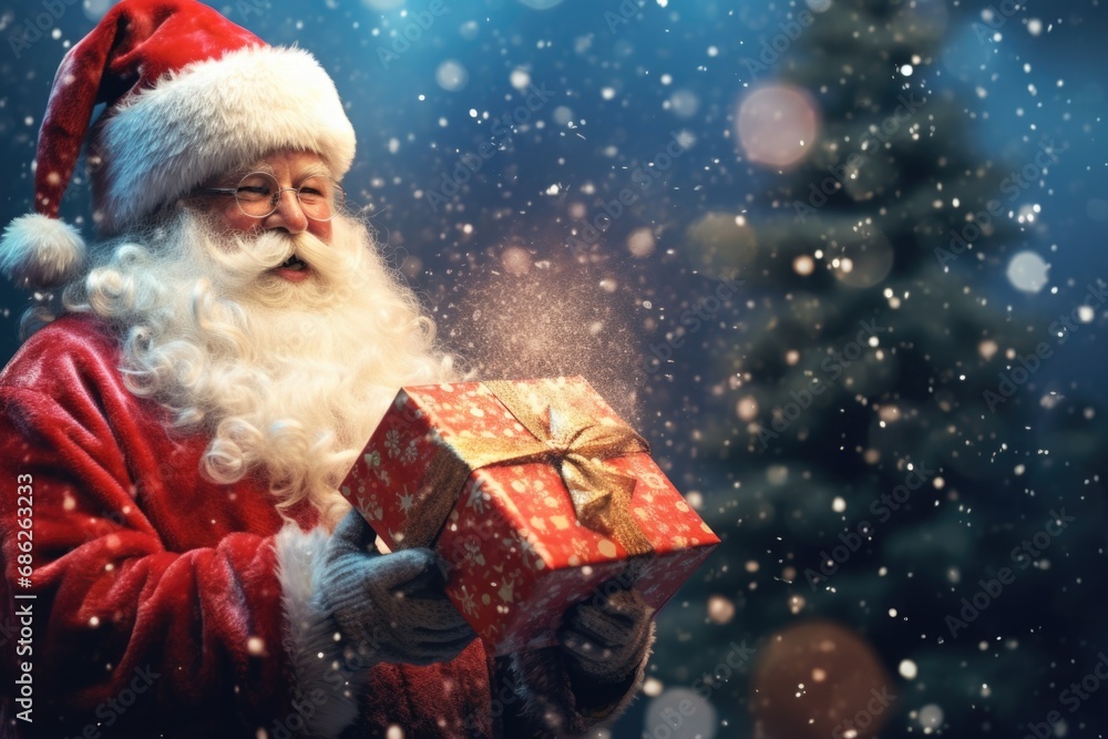 Poster a festive image of santa claus holding a present in front of a beautifully decorated christmas tree.