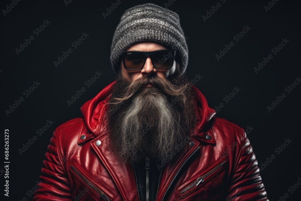 Poster A picture of a man with a long beard wearing a red jacket. This image can be used to depict a rugged and stylish individual in various settings