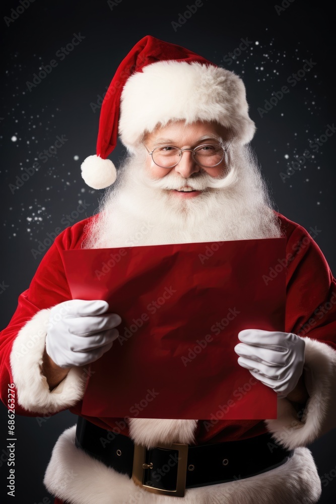 Poster a picture of a man dressed as santa claus holding a sheet of paper. this image can be used for vario