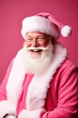 A man wearing a pink Santa suit with a smile on his face. This image can be used for holiday greetings and festive promotions