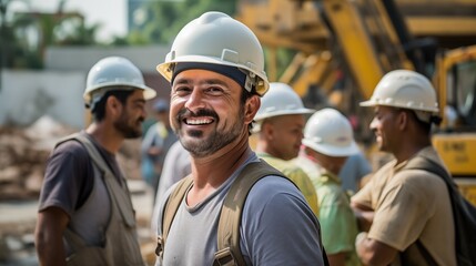 Cheerful construction worker male middle aged man outdoors in protective white helmet outdoors in construction industry