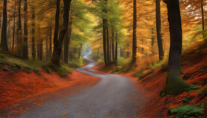 Fototapeta premium Colorful trees and footpath road in autumn landscape in deep forest.