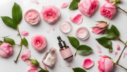 organic cosmetic with rose oil on white background top view - obrazy, fototapety, plakaty