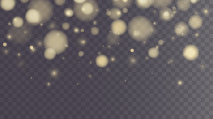 Christmas glowing bokeh confetti light and glitter texture overlay for your design. Festive sparkling gold dust png. Holiday powder dust for cards, invitations, banners, advertising.