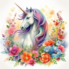 Obraz na płótnie Canvas Dreamy Rainbow Unicorn Watercolor Clipart Unicorn in Colorful Flower Meadow