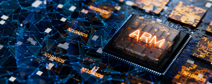 Microprocessor architecture ARM. Microchip workstation in the motherboard. Server technology concept. Cloud technologies. 3D render.