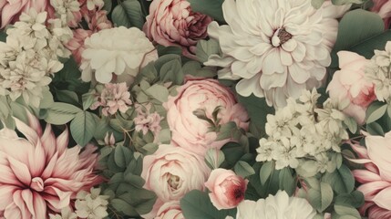 Vintage botanical flower seamless wallpaper, vintage pattern for floral print digital background, texture, sage green and pink flowers