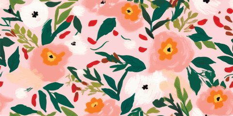 Vector seamless pattern, blooming absract cyan, pink flowers and yellow foliage-spots on coral background. Use in textiles, interior, wrapping paper and other design.