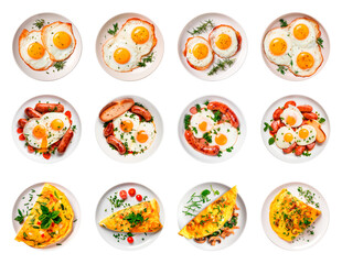 collection of breakfasts, fried eggs, omelette, sausages on a plate, top view