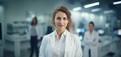 Female doctor wearing a white coat and work uniform in a hospital operating room. Generative AI.