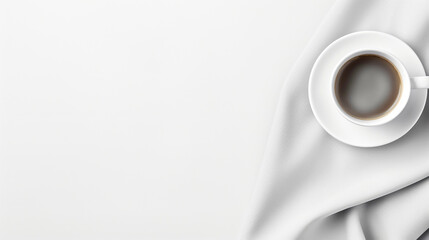 A cup of coffee on a white table, beautiful white tablecloth. Generative AI.