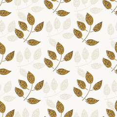 Neutral leaf vector seamless background pattern. Autumn background with leaves on neutral ecru beige backdrop. Scattered sprigs all over print. Decorative fall botanical repeat for packaging