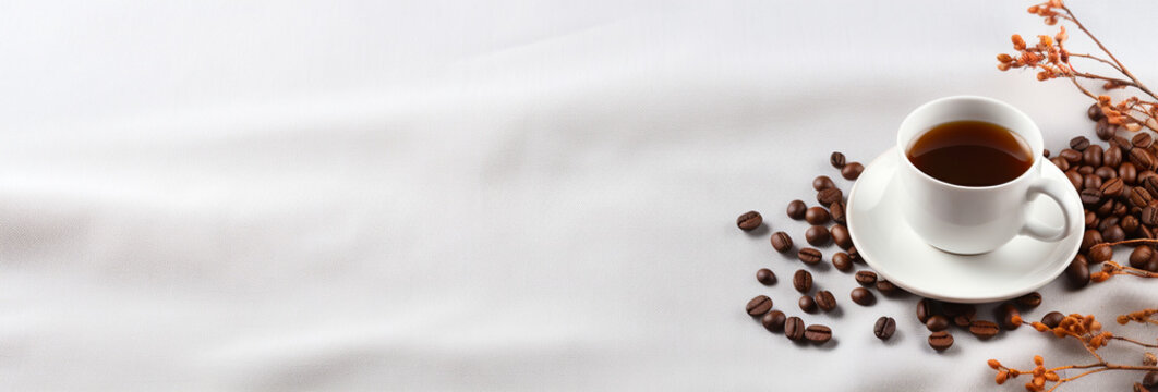 A cup of coffee with coffee beans on a white table, beautiful white tablecloth. Generative AI.