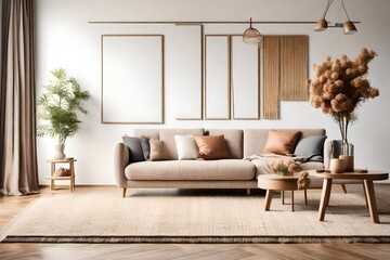 Interior design of cozy living room with stylish sofa, coffee table, flowers in vase, mock up poster, carpet, decoration,