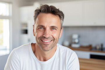 Portrait of a smiling man 41 years old in the kitchen