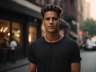 Photo of a male model in a classic black cotton T-shirt on a city street