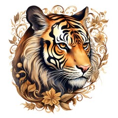 Golden and Black Tiger Watercolor Clipart Intricate Profile Details