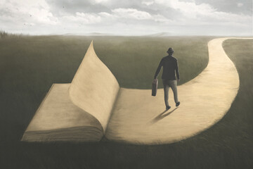 Illustration of wise man walking on the last page of a surreal book, wisdom concept
