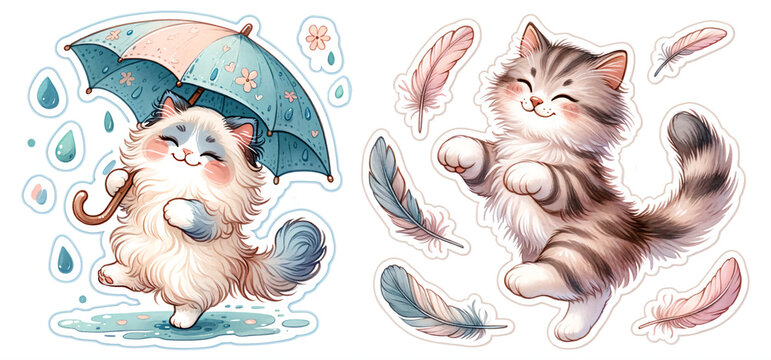 Watercolor illustration sticker set with cartoon cats. Umbrella illustration and feathers. Happy character, isolated on white background, elements for print, card, invintation, birthday congratulation