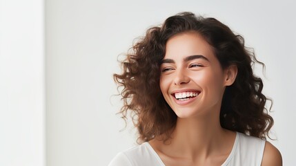 A close-up shows a young woman who is happy, winking at the camera, smiling joyfully, and standing over a white wall. - obrazy, fototapety, plakaty