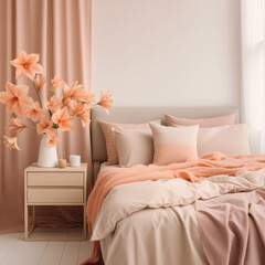 Cozy Bedroom Interior with Soft Pink Bedding, Wooden Nightstand, and Elegant Floral Decor - Peaceful and Stylish Home Design Inspiration
