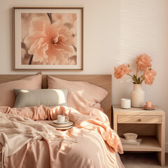 Cozy Bedroom Interior with Soft Pink Bedding, Wooden Nightstand, and Elegant Floral Decor - Peaceful and Stylish Home Design Inspiration