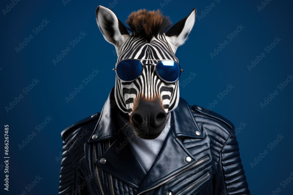 Poster A zebra looking stylish in a leather jacket and sunglasses. This image can be used to add a touch of coolness and uniqueness to any project
