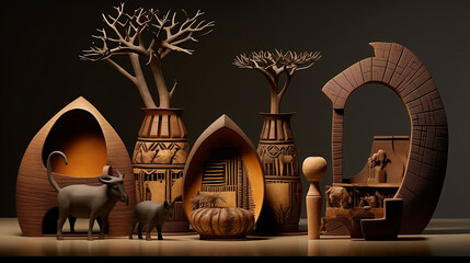 wooden figurines of fancy animals, trees, sculptures and vases, on the table, gray background