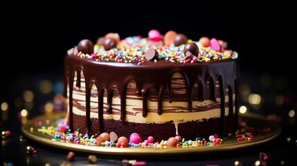 A decadent chocolate birthday cake adorned with vibrant rainbow sprinkles and gold foil accents.