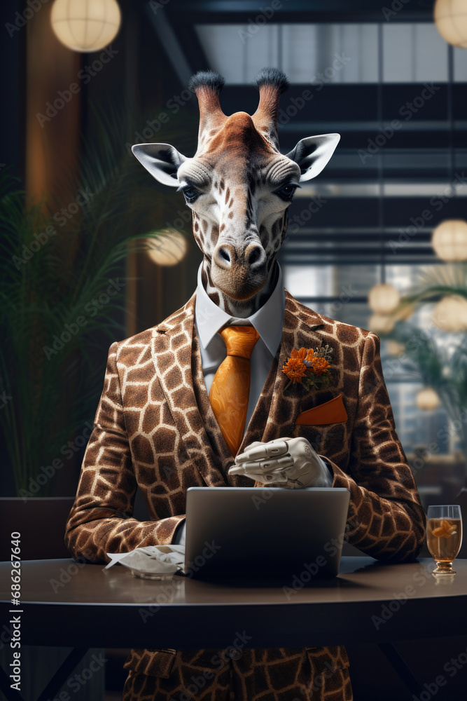 Poster A unique and whimsical image of a giraffe dressed in a suit sitting at a table with a laptop. Perfect for adding a touch of fun and creativity to business or office-related projects