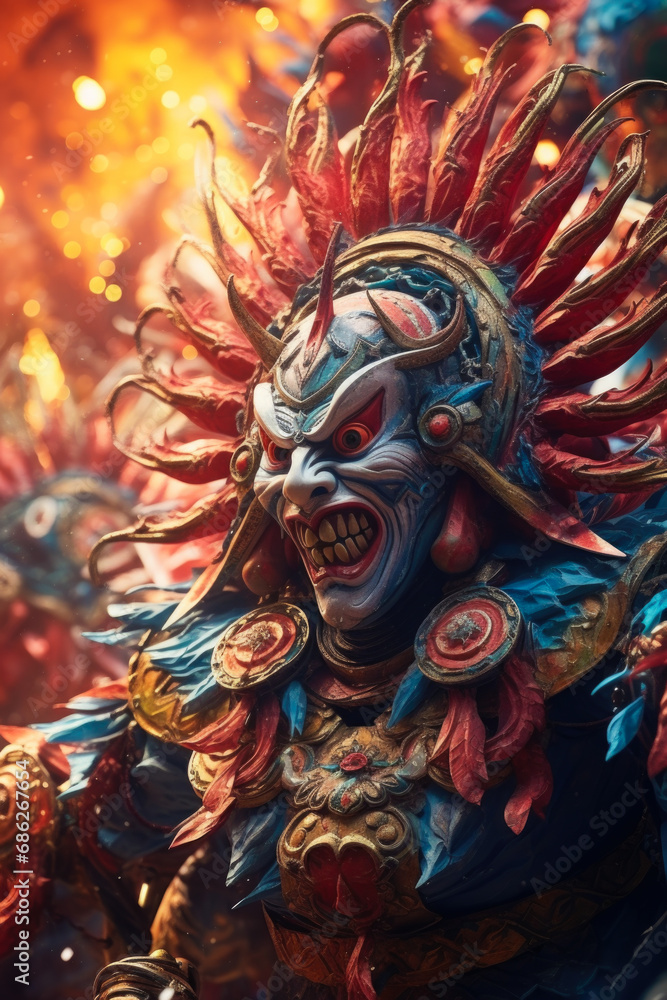 Poster A detailed close-up of a menacing demon statue. Perfect for adding a touch of darkness and mystery to any project