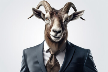 A goat dressed in a suit and tie, ready for a formal occasion. This image can be used to depict humor, uniqueness, or unexpected situations - obrazy, fototapety, plakaty