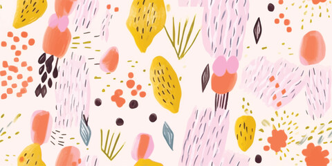 Colorful hand drawn trendy contemporary abstract shapes seamless pattern. Vector modern collage illustration