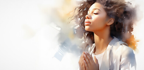 abstract illustration of a pretty young African american black teen girl praying with her hands clasped - profile side view - white background - watercolor strokes - copy space - banner - obrazy, fototapety, plakaty