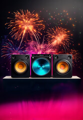 Party event flyer, new year's eve, christmas with loudspeakers and fireworks, design background...