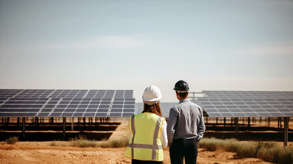 Investor and contractor visiting a solar energy farm construction site. Сonstruction and installation of solar stations. - obrazy, fototapety, plakaty