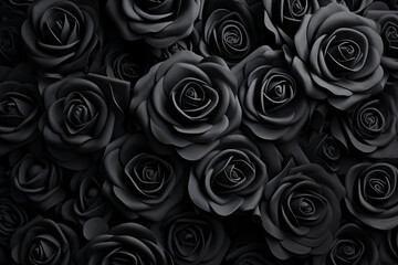 Black roses pattern in various stages of bloom, packed to present a soft velvety visual in contrasting shades of grey.