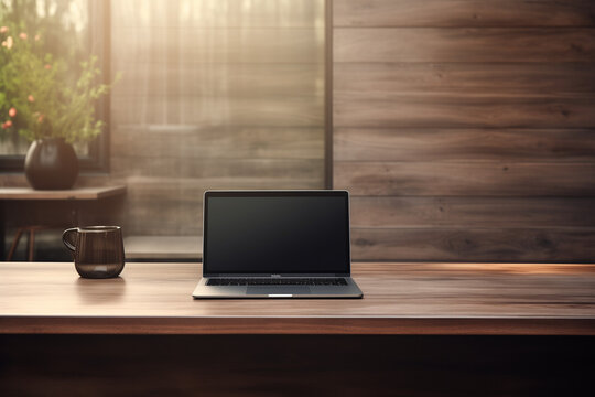 Stylish Desk Setup with Blank Laptop for Mockup and a Coffee Mug, Creating a Productive and Cozy Corner. Minimalist Interior Design with Neutral Tones and Clean Lines.