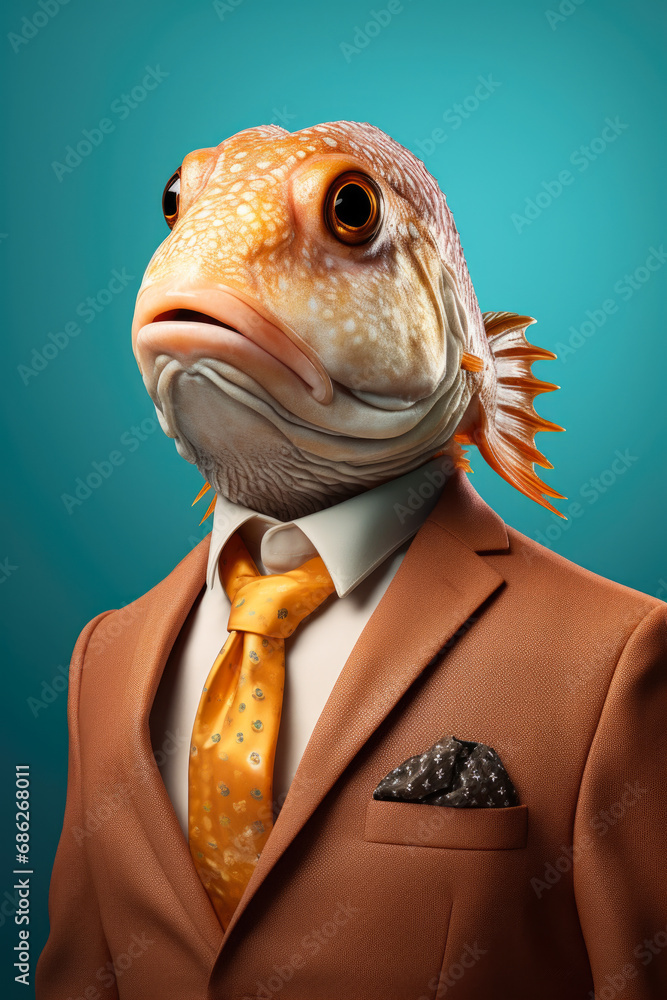 Poster A picture of a man dressed in a suit and tie, but with a fish head. This unique image can be used to add a touch of creativity and humor to various projects