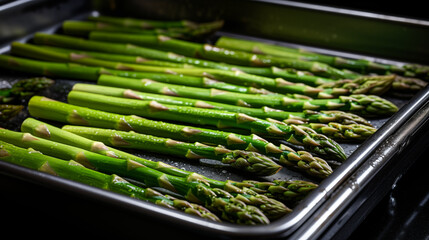 Green asparagus on the oven baking tray. Bundle of ripe fresh asparagus. Healthy organic food. Cooking in home. Natural vitamins, raw ingredient for eating. Handpicked bio asparagus. Generated AI