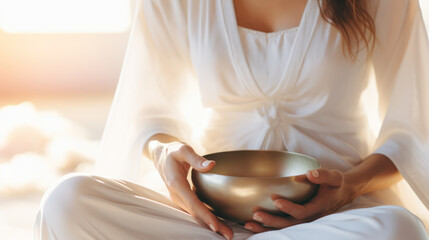 Woman holding mindfulness singing bowl