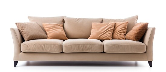 Modern beige couch with pillows isolated seen from a 20 degree side angle in white background