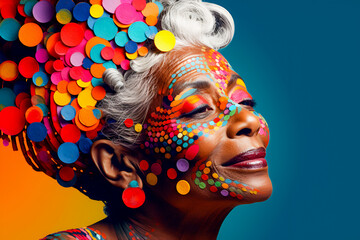 Senior black woman in masquerade multicoloured makeup for traditional african ethno carnival....