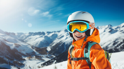Fototapeta na wymiar Portrait of a happy, smiling child snowboarder against the backdrop of snow-capped mountains at a ski resort, during the winter holidays.