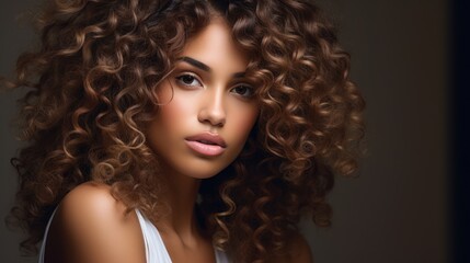 Fototapeta premium Beautiful brunette woman model with curly hair
