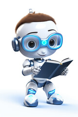 A robot engrossed in reading a book while wearing headphones. Suitable for illustrating technology, education, or leisure activities