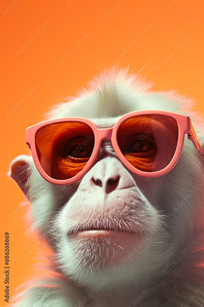 Poster a close up picture of a monkey wearing sunglasses. this image can be used to depict a humorous or pl