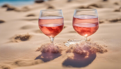 Summer time in Provence, two glasses of cold rose wine on sandy beach - obrazy, fototapety, plakaty